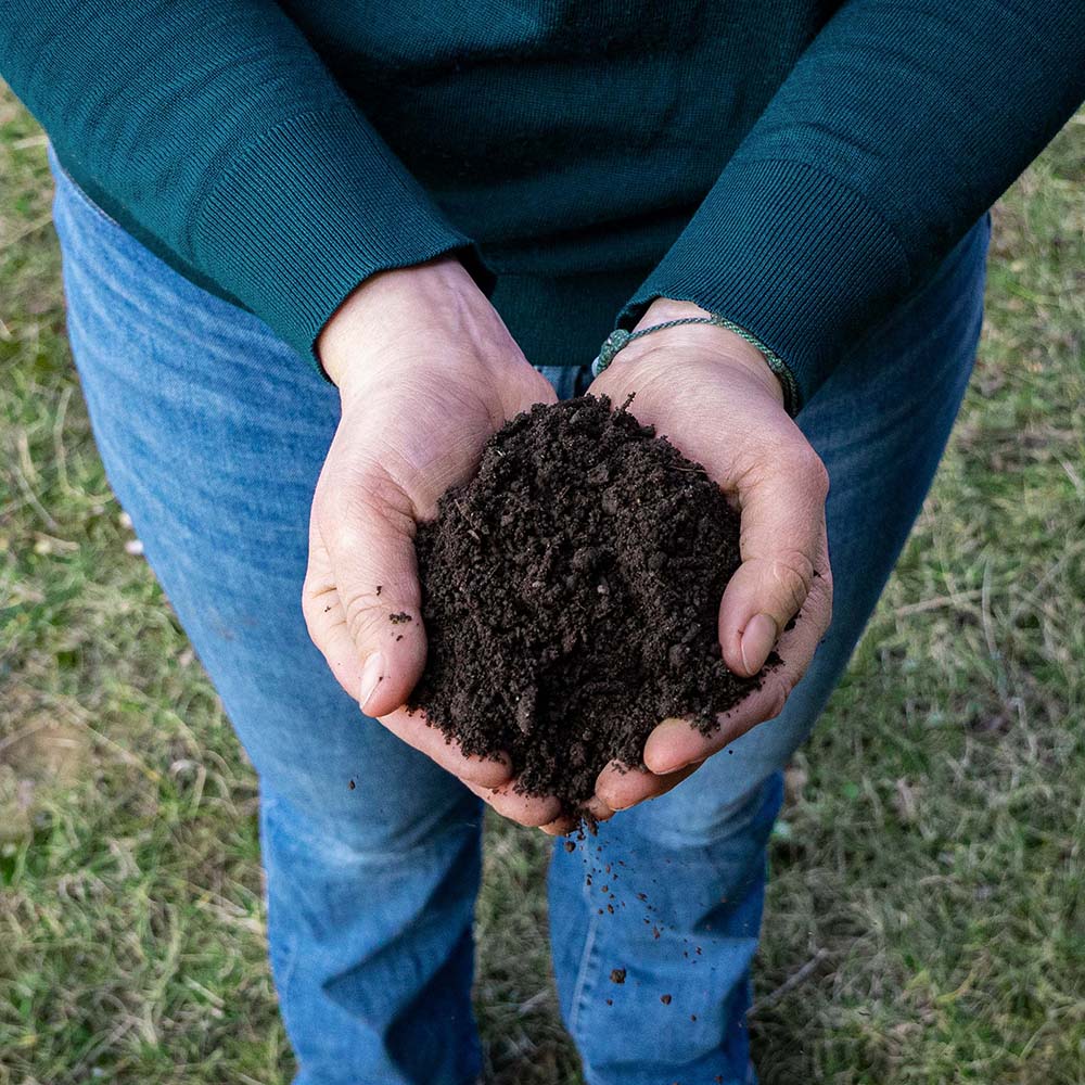Trockentoiletten und Trenntoiletten 14 Recyclingdünger bzw. Humusdünger aus Inhalten von Trockentoiletten in Händen gehalten.