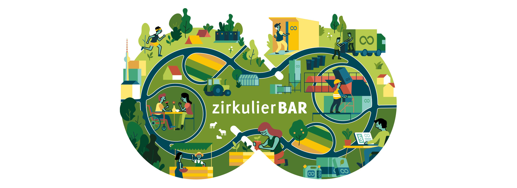Zirkulierbar 1 Illustration der Kreislaufgrafik von zirkulierBAR in Kooperation mit Finizio, zeigt nachhaltige Stoffkreisläufe und Recyclingprozesse