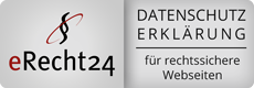 eRecht24 Impressum-Siegel für rechtssichere Webseiten mit Logo und grauem Hintergrund