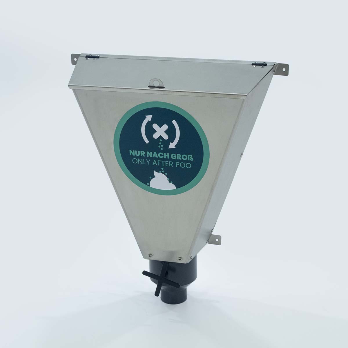 Edelstahl-Streuspender Spencer für Liloo Trockentoilette mit Trichterform, Deckel und Drehmechanismus zur Dosierung von Einstreu.