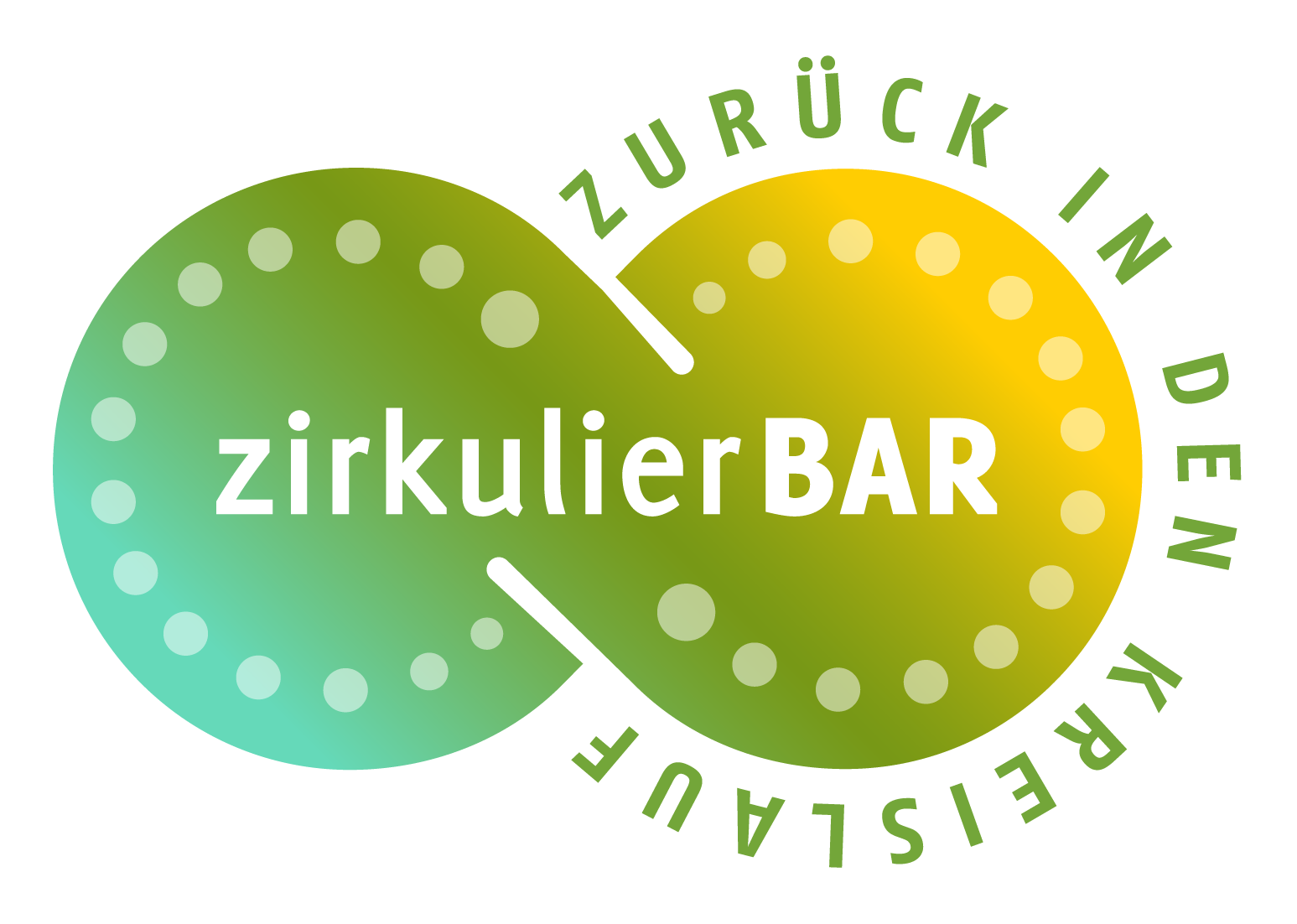 Zirkulierbar 4 Logo zirkulierBAR in Form einer grünen und gelben Kreislaufschleife mit Schriftzug Zurück in den Kreislauf