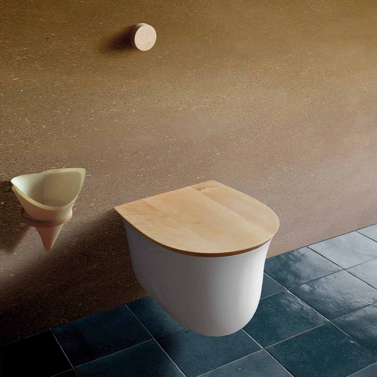 Soloo 27 Rohrposttoilette Floop aus Keramik mit geschlossenem Holzdeckel und Wandhalterung für Papiertrichter im Indoor-Bereich