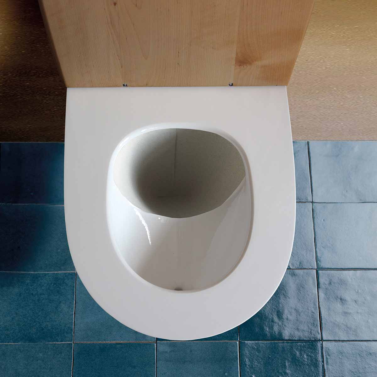 Trockentoiletten und Trenntoiletten 12 Rohrposttoilette Floop als Indoortoilette aus weißer Keramik mit Holzverkleidung und blauen Bodenfliesen