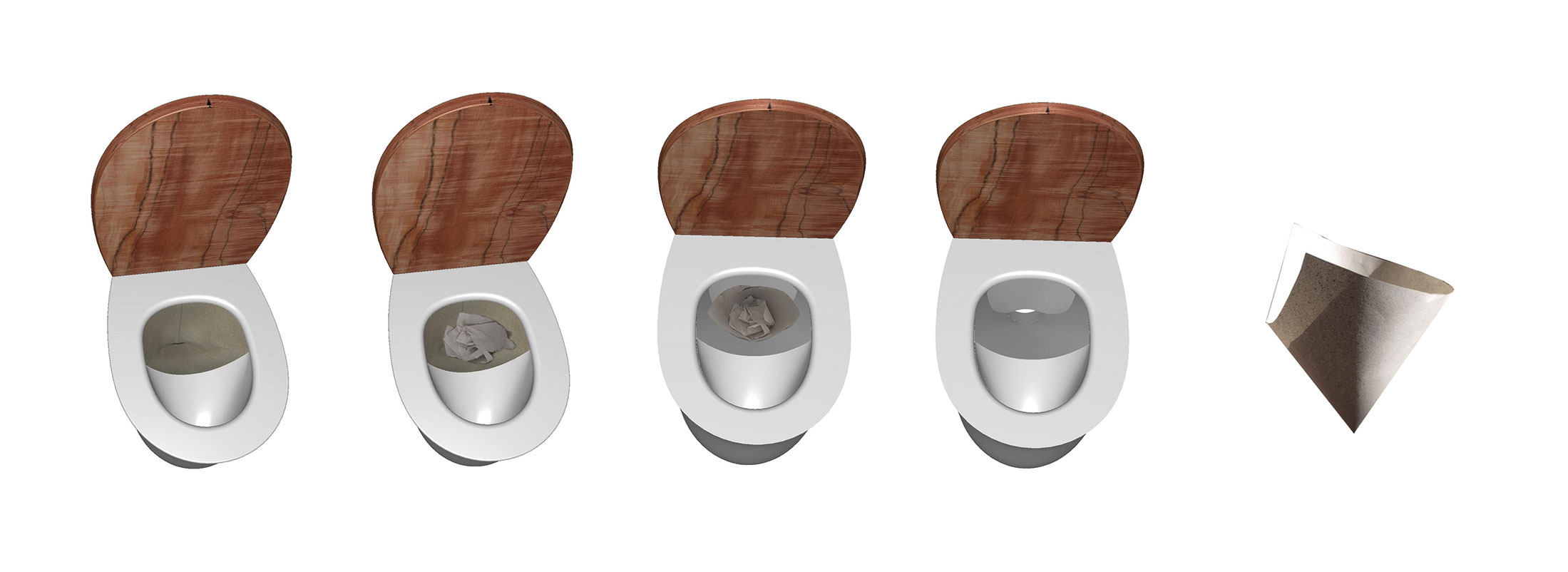 Floop wasserlose Trenntoilette von Finizio für jedes Stockwerk, vier Ansichten und rechts Papier-Einsatz für Nutzung„Floop wasserlose Trenntoilette von Finizio für jedes Stockwerk, dargestellt in vier Ansichten. Rechts ist der Papier-Einsatz für die Nutzung zu sehen. Die Schüsseln sind aus Edelstahl, die Klopapierbrillen aus Holz.