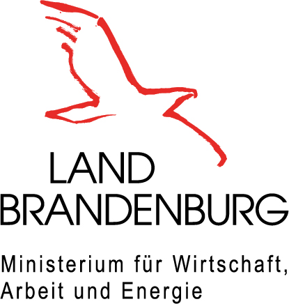 Logo Land Brandenburg mit rotem stilisiertem Adler und Text: Ministerium für Wirtschaft, Arbeit und Energie