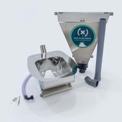 Set 2: Peepot Edelstahlmodul und Streuspender Spencer mit Zubehör wie Kunststoffrohr, Schlauch, Pinzette und kleinem Sieb für Trockentoilette.