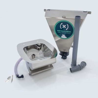 Set 2: Set aus Peepot Edelstahlmodul und Streuspender Spencer mit Zubehör wie Rohren, Schlauch und Befestigungsteilen für Trockentoilette.