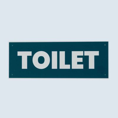 Schilder 7 Rechteckiges Hinweisschild mit weißem Text „TOILET“ auf grünem Hintergrund.