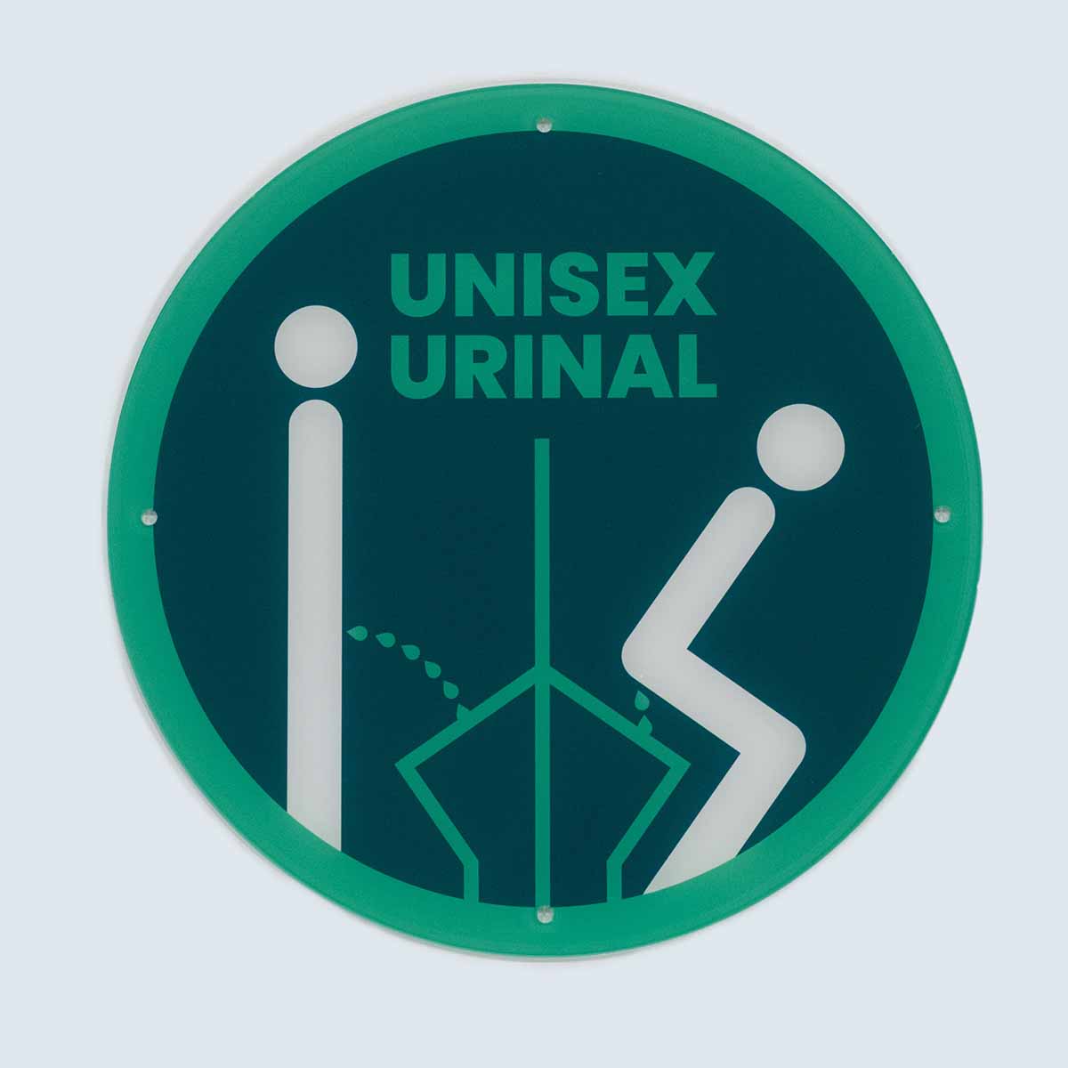 Neues Design: Rundes petrolfarbenes Schild mit Piktogramm und Text „Unisex Urinal“.
