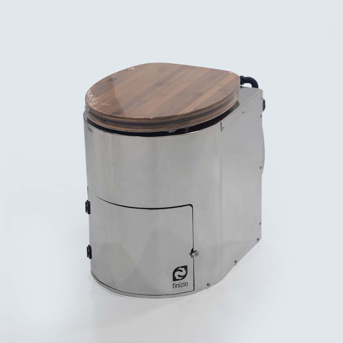 Seitenansicht Liloo Trockentoilette mit Edelstahlgehäuse und Bambus-Sitz, kompakte Bauform.