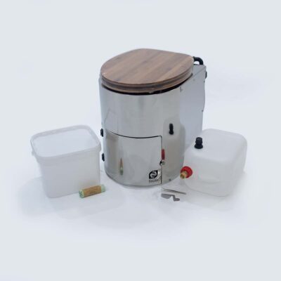 Liloo Set 2: Liloo Trockentoilette aus Edelstahl mit Bambus-Sitz, 10-Liter-Feststoffbehälter, 10-Liter-Urintank und biologisch abbaubaren Beuteln.