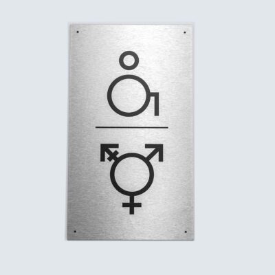 Schilder 18 Rechteckiges Metallschild mit schwarzen Symbolen für barrierefreie und geschlechtsneutrale Toilette.