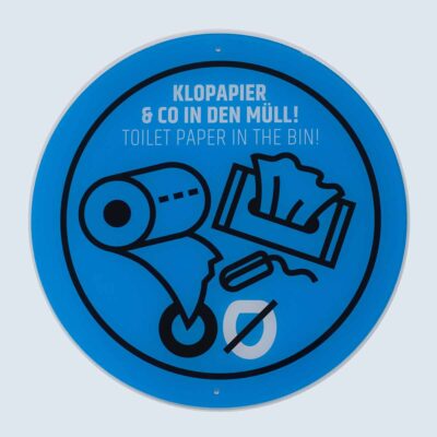 Schilder 14 Rundes blaues Schild mit Symbolen und Text „Klopapier & Co in den Müll / Toilet paper in the bin“.