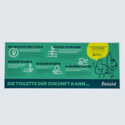 Schilder 10 Neues Design: Rechteckiges grünes Informationsschild mit Text „Die Toilette der Zukunft kann…“ und Icons zu Recycling, Humusaufbau, Energie- und Wassersparen sowie sauber halten.