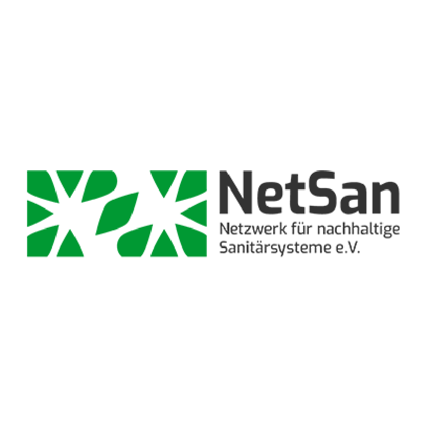 Über uns 48 Logo von NetSan Netzwerk für nachhaltige Sanitärsysteme e.V. mit grünem grafischem Muster und schwarzer Schrift