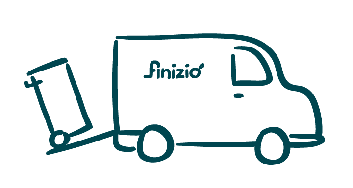 Startseite 6 Illustration Servicefahrzeug mit Finizio-Schriftzug für Abholung, petrol.